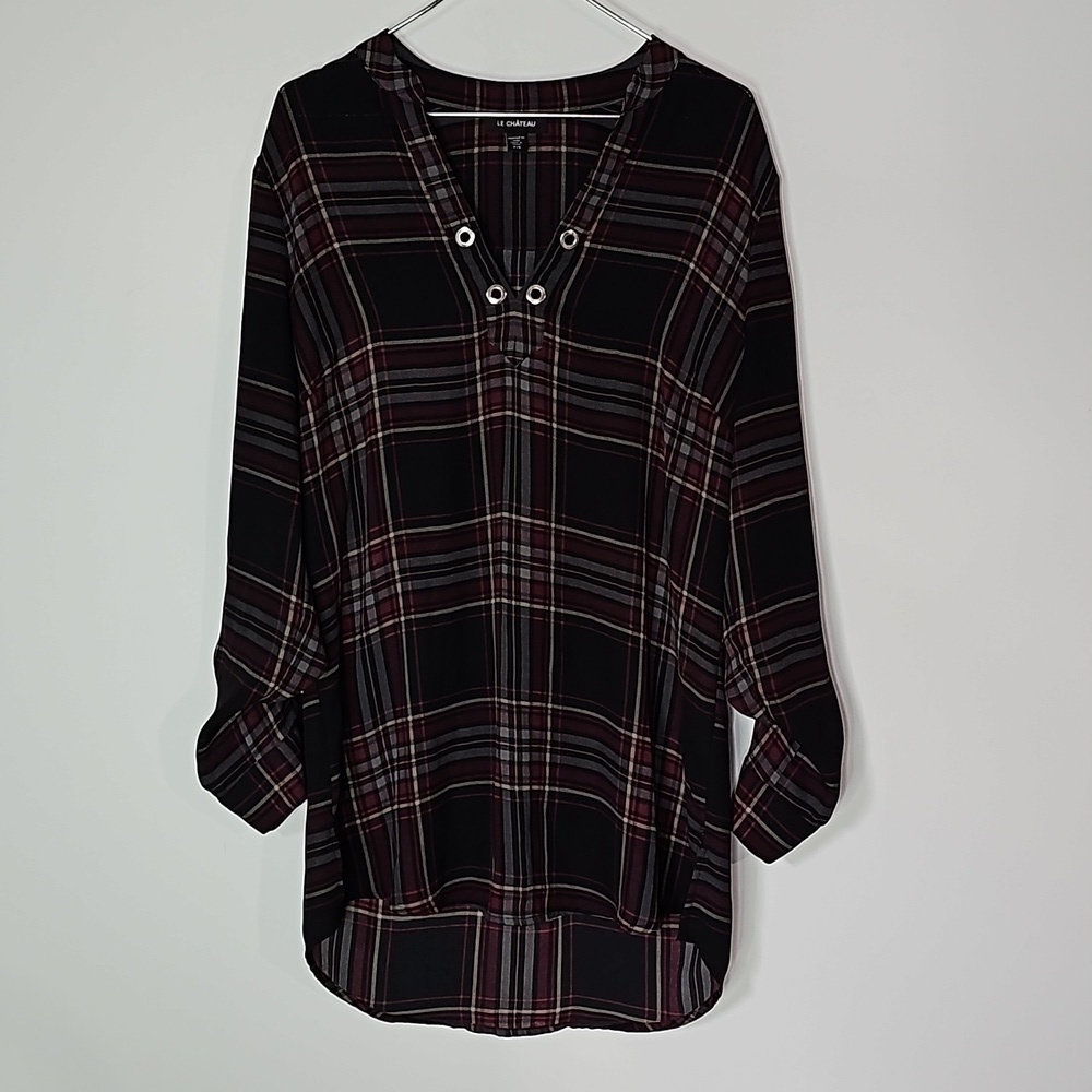 Le Chateau small purple and black plaid long sleeve blouse